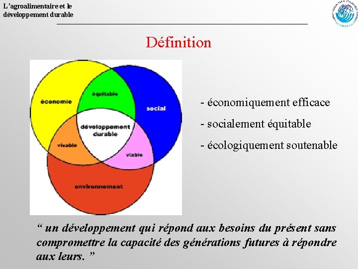 L’agroalimentaire et le développement durable Définition - économiquement efficace - socialement équitable - écologiquement