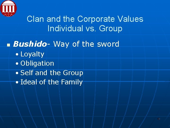 Clan and the Corporate Values Individual vs. Group Bushido- Way of the sword •
