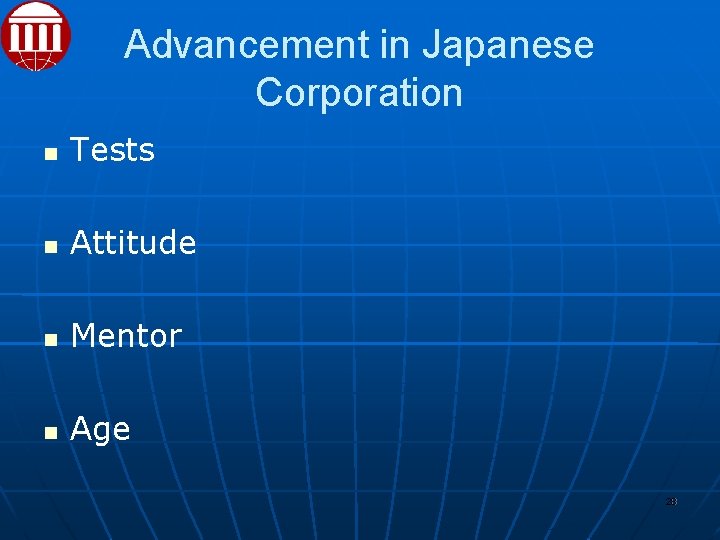 Advancement in Japanese Corporation Tests Attitude Mentor Age 28 