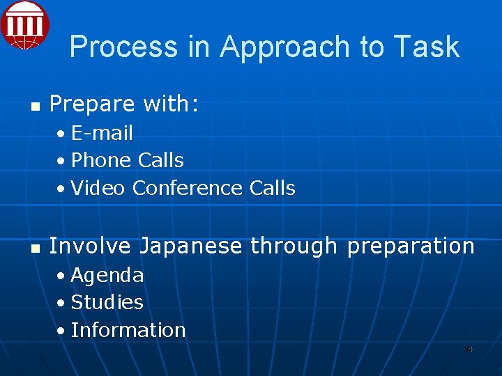 Process in Approach to Task Prepare with: • E-mail • Phone Calls • Video