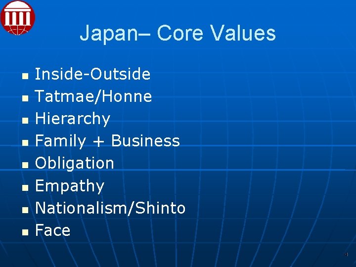 Japan– Core Values Inside-Outside Tatmae/Honne Hierarchy Family + Business Obligation Empathy Nationalism/Shinto Face 4