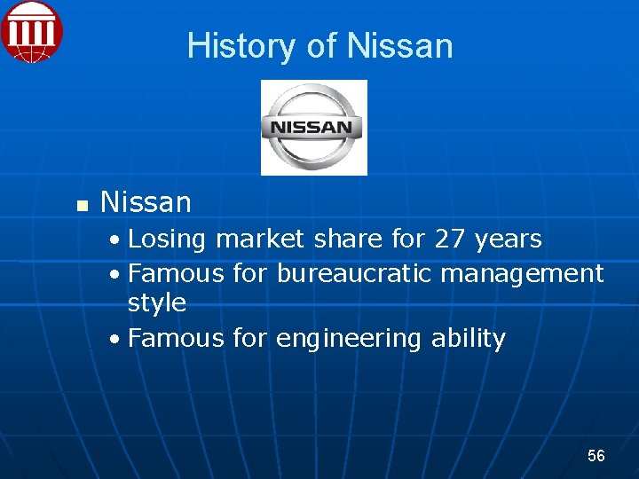 History of Nissan • Losing market share for 27 years • Famous for bureaucratic