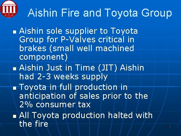 Aishin Fire and Toyota Group Aishin sole supplier to Toyota Group for P-Valves critical