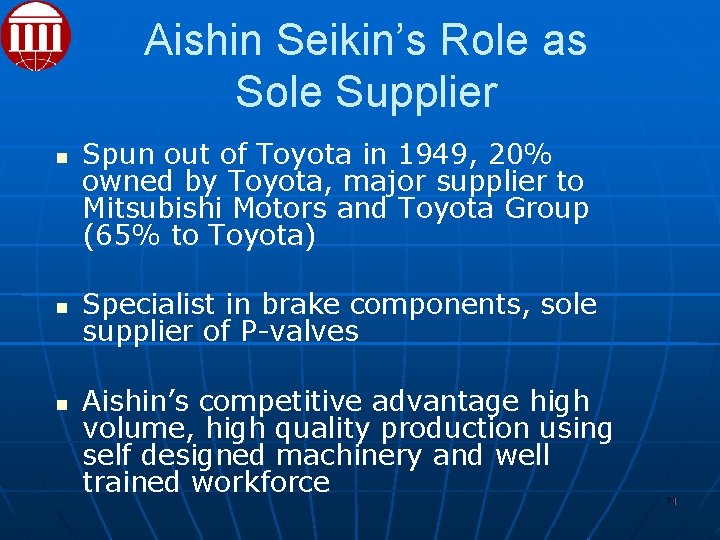 Aishin Seikin’s Role as Sole Supplier Spun out of Toyota in 1949, 20% owned