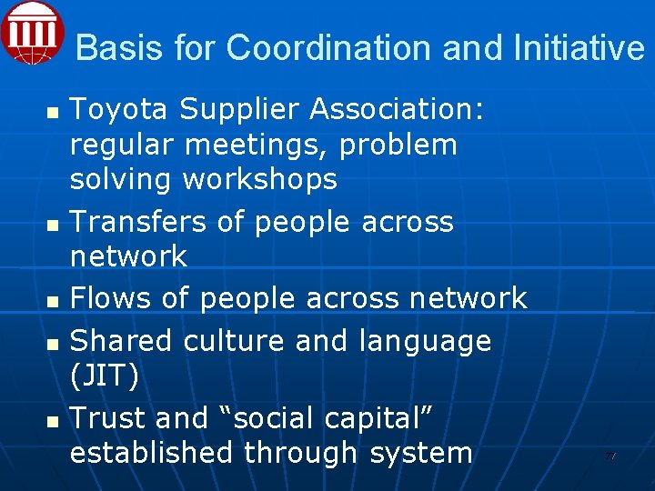 Basis for Coordination and Initiative Toyota Supplier Association: regular meetings, problem solving workshops Transfers