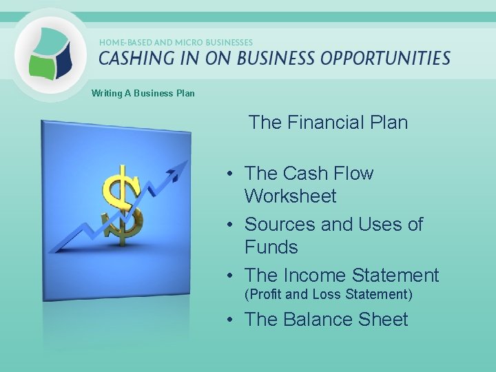 Writing A Business Plan The Financial Plan • The Cash Flow Worksheet • Sources