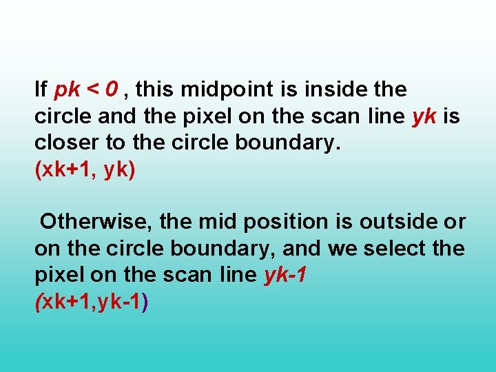 If pk < 0 , this midpoint is inside the circle and the pixel