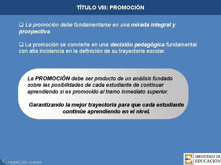 TÍTULO VIII: PROMOCIÓN q La promoción debe fundamentarse en una mirada integral y prospectiva.