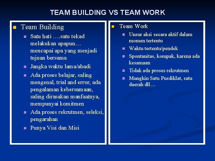 TEAM BUILDING VS TEAM WORK n Team Building n n n Satu hati ….