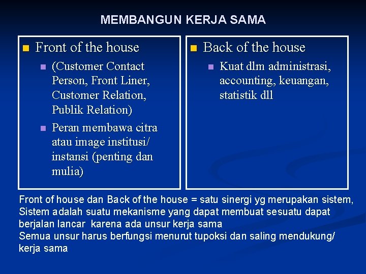 MEMBANGUN KERJA SAMA n Front of the house n n (Customer Contact Person, Front