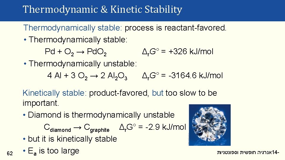 Thermodynamic & Kinetic Stability Thermodynamically stable: process is reactant-favored. • Thermodynamically stable: Pd +