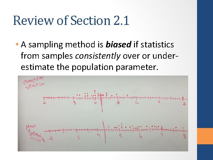 Review of Section 2. 1 • A sampling method is biased if statistics from