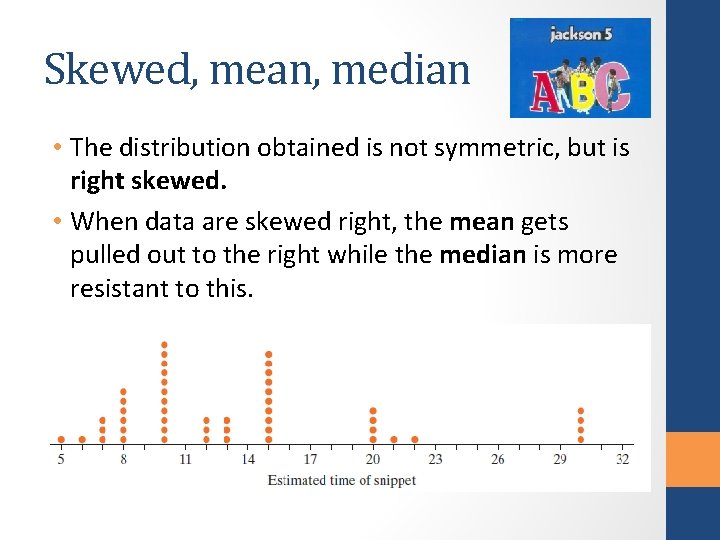 Skewed, mean, median • The distribution obtained is not symmetric, but is right skewed.