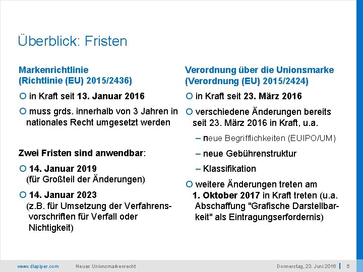 Überblick: Fristen Markenrichtlinie (Richtlinie (EU) 2015/2436) Verordnung über die Unionsmarke (Verordnung (EU) 2015/2424) in