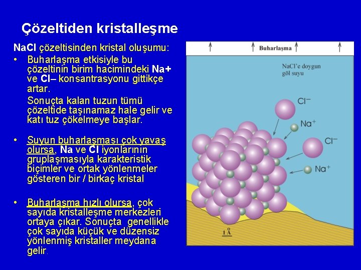 Çözeltiden kristalleşme Na. Cl çözeltisinden kristal oluşumu: • Buharlaşma etkisiyle bu çözeltinin birim hacimindeki