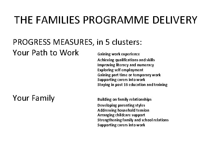 THE FAMILIES PROGRAMME DELIVERY PROGRESS MEASURES, in 5 clusters: Your Path to Work Gaining