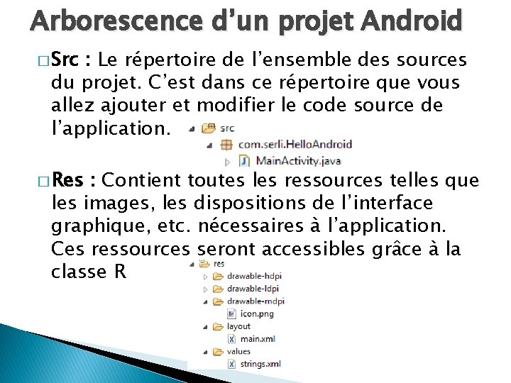 Arborescence d’un projet Android � Src : Le répertoire de l’ensemble des sources du