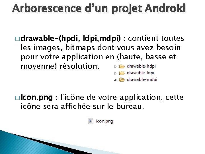 Arborescence d’un projet Android � drawable-(hpdi, ldpi, mdpi) : contient toutes les images, bitmaps