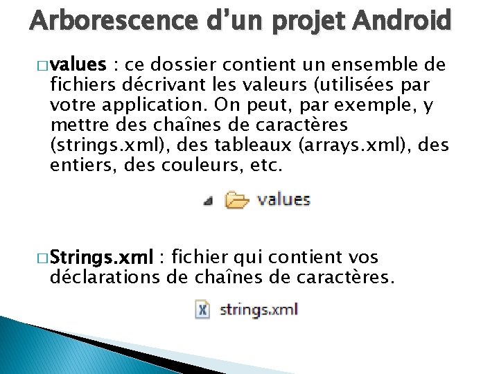 Arborescence d’un projet Android � values : ce dossier contient un ensemble de fichiers