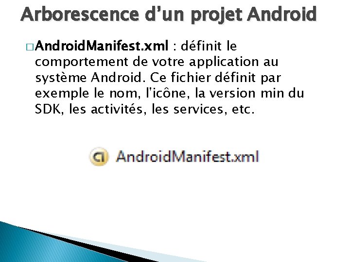 Arborescence d’un projet Android � Android. Manifest. xml : définit le comportement de votre