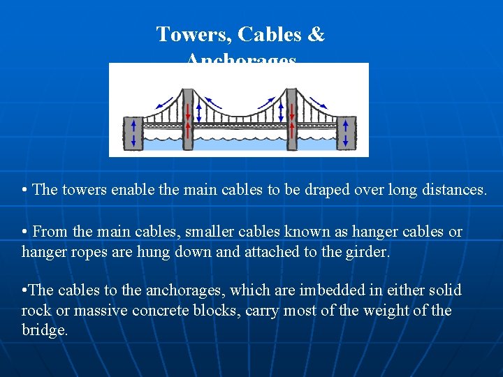 Towers, Cables & Anchorages • The towers enable the main cables to be draped