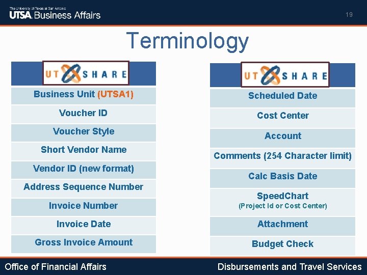 19 Terminology Business Unit (UTSA 1) Scheduled Date Voucher ID Cost Center Voucher Style