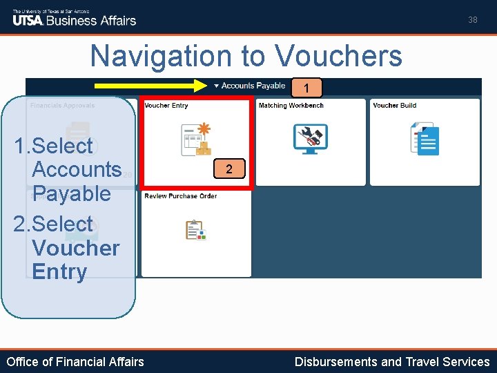 38 Navigation to Vouchers 1 1. Select Accounts Payable 2. Select Voucher Entry Office