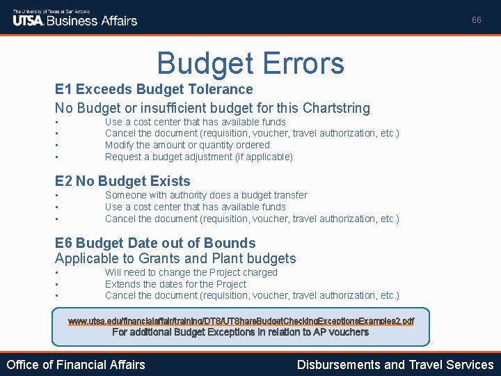 66 Budget Errors E 1 Exceeds Budget Tolerance No Budget or insufficient budget for
