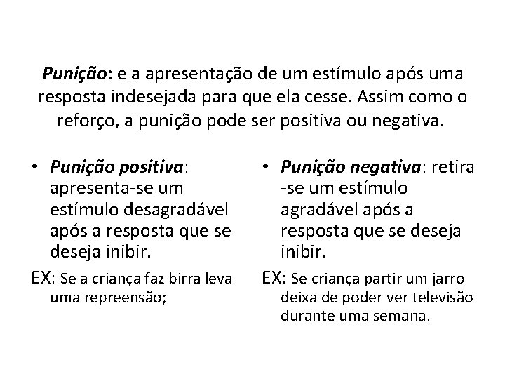 Punição: e a apresentação de um estímulo após uma resposta indesejada para que ela