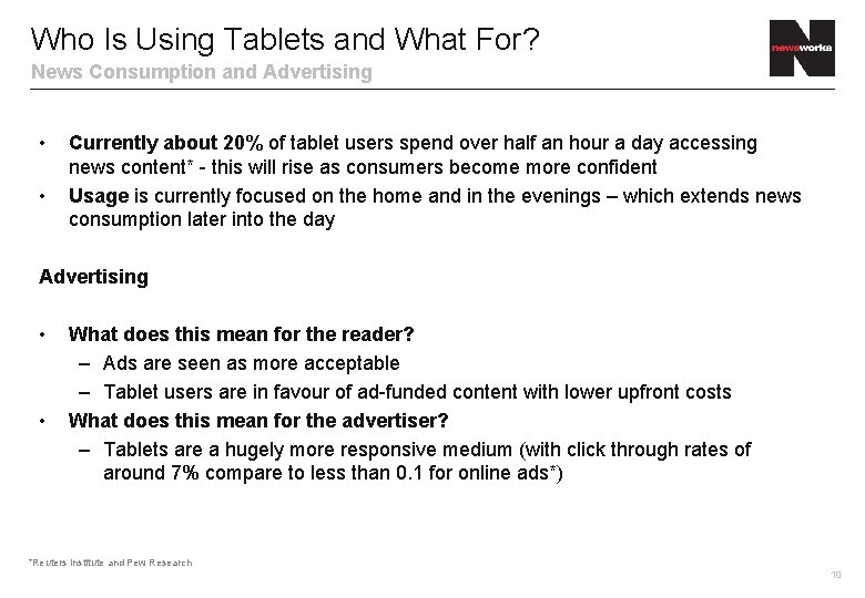 Who Is Using Tablets and What For? News Consumption and Advertising • • Currently