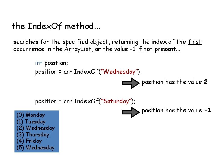 the Index. Of method. . . searches for the specified object, returning the index