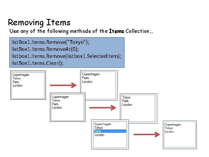 Removing Items Use any of the following methods of the Items Collection… list. Box