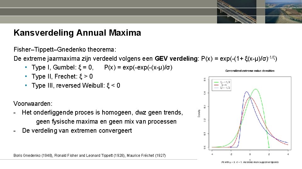 Kansverdeling Annual Maxima Fisher–Tippett–Gnedenko theorema: De extreme jaarmaxima zijn verdeeld volgens een GEV verdeling: