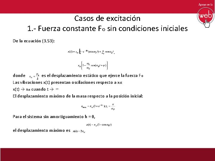 Casos de excitación 1. - Fuerza constante Fo sin condiciones iniciales De la ecuación