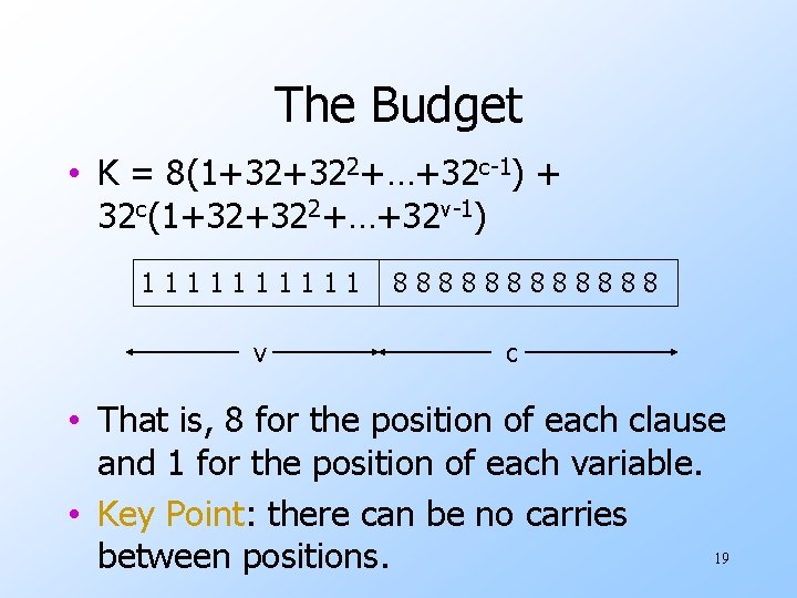 The Budget • K = 8(1+32+322+…+32 c-1) + 32 c(1+32+322+…+32 v-1) 11111 v 888888