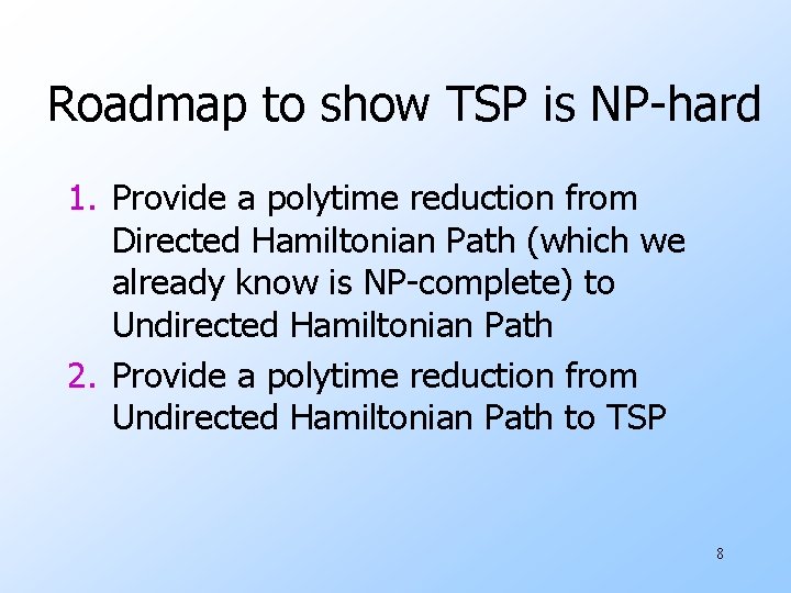 Roadmap to show TSP is NP-hard 1. Provide a polytime reduction from Directed Hamiltonian