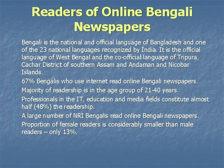 Readers of Online Bengali Newspapers § § § Bengali is the national and official