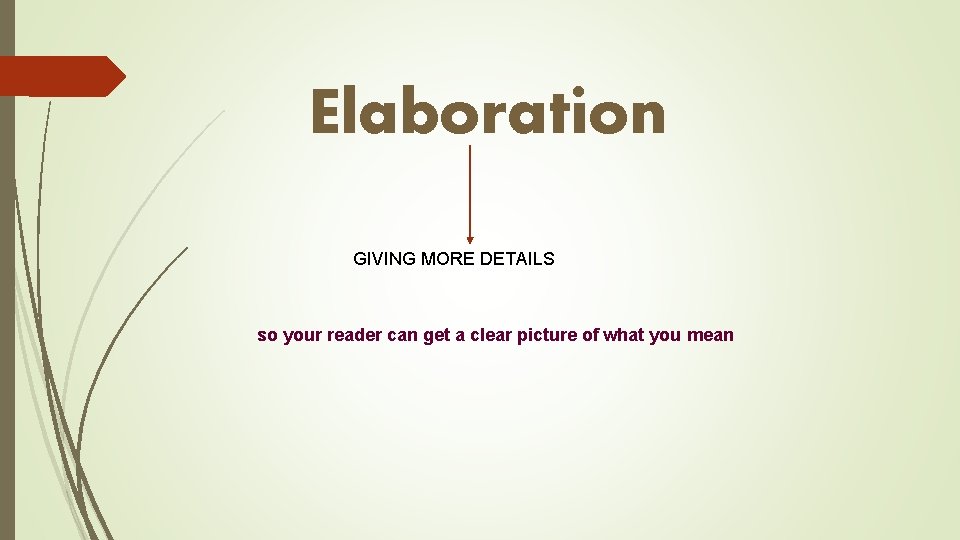 Elaboration GIVING MORE DETAILS so your reader can get a clear picture of what Elaboration GIVING MORE DETAILS so your reader can get a clear picture of what