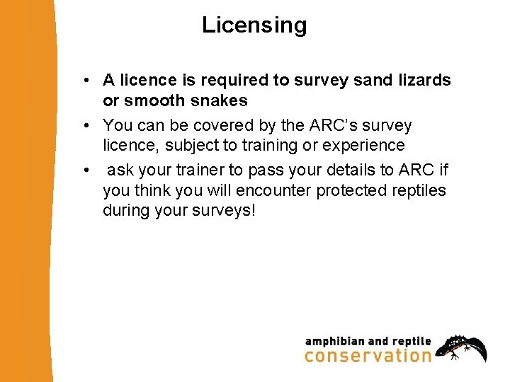Licensing • A licence is required to survey sand lizards or smooth snakes •