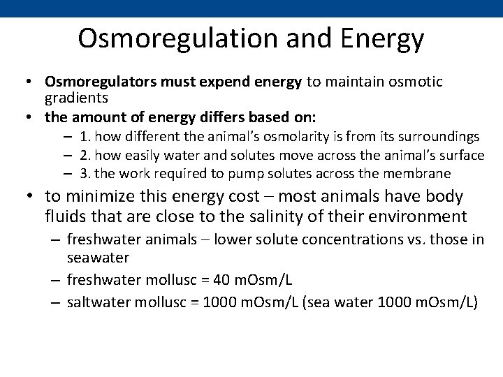 Osmoregulation and Energy • Osmoregulators must expend energy to maintain osmotic gradients • the