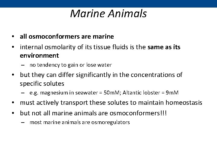 Marine Animals • all osmoconformers are marine • internal osmolarity of its tissue fluids