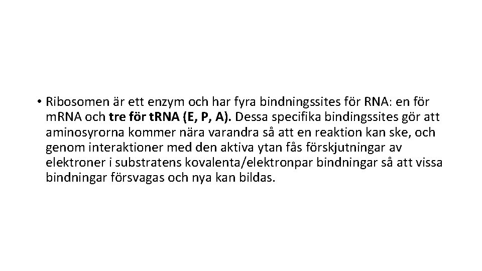  • Ribosomen är ett enzym och har fyra bindningssites för RNA: en för