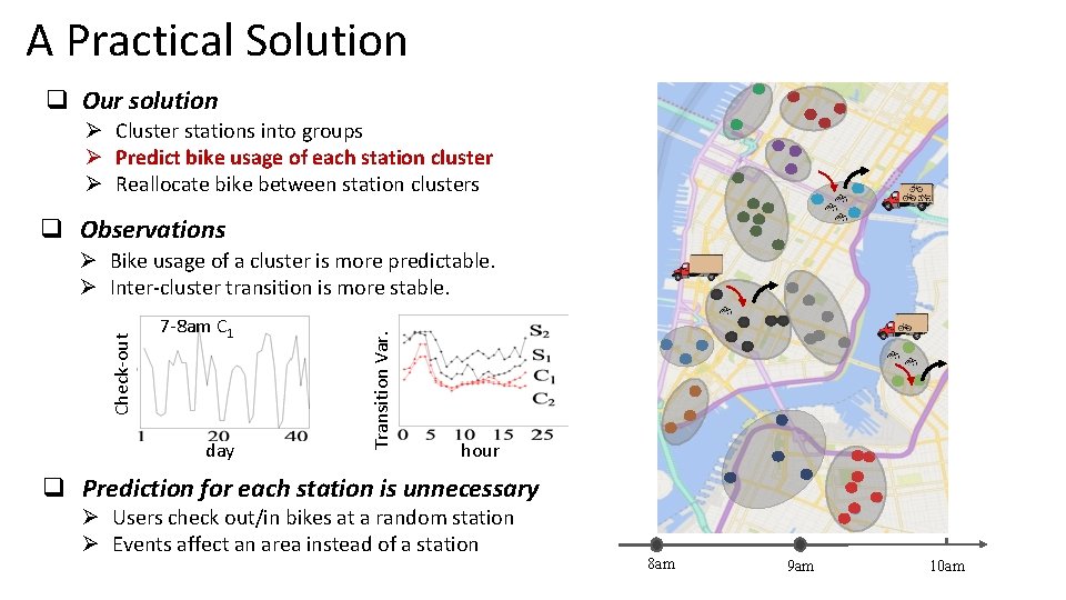 A Practical Solution q Our solution Ø Cluster stations into groups Ø Predict bike