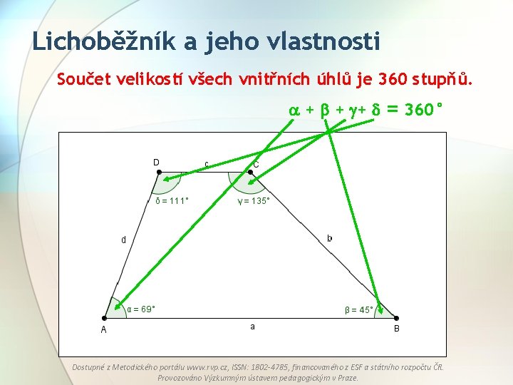 Lichoběžník a jeho vlastnosti Součet velikostí všech vnitřních úhlů je 360 stupňů. + +