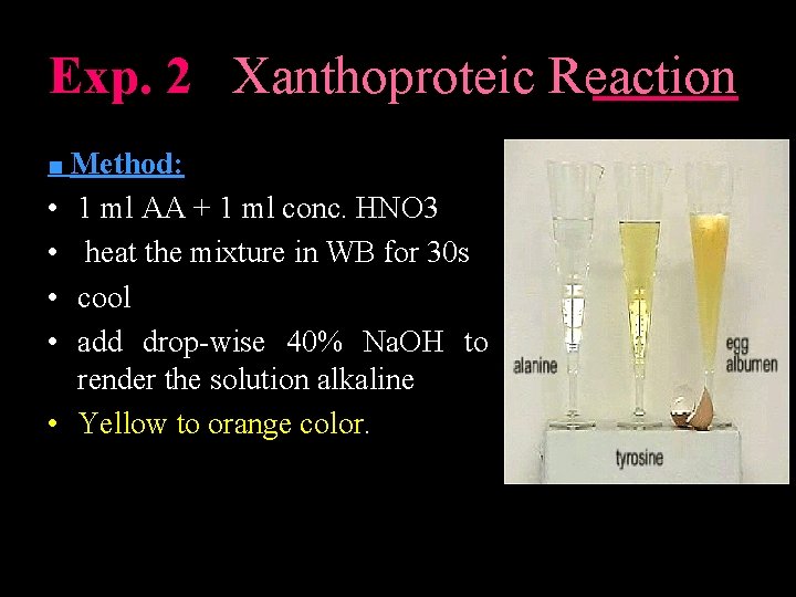 Exp. 2 Xanthoproteic Reaction ■ Method: • • 1 ml AA + 1 ml