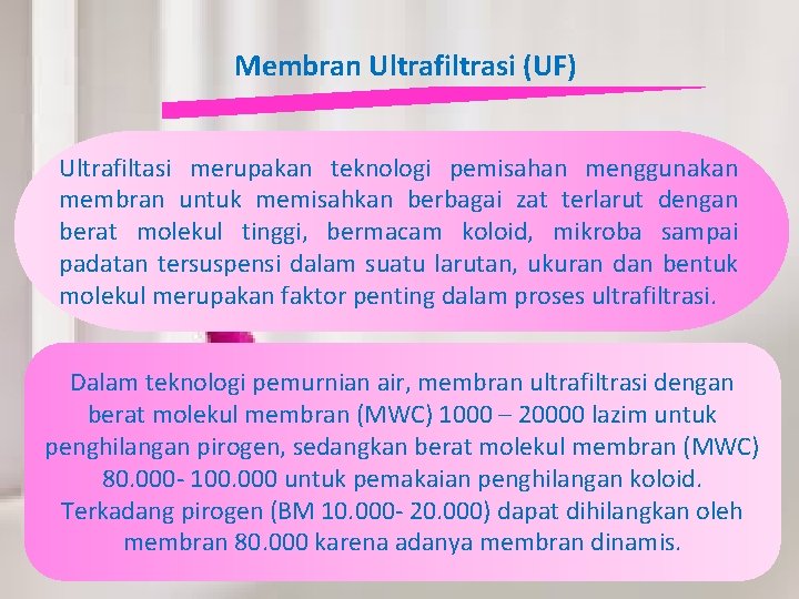 Membran Ultrafiltrasi (UF) Ultrafiltasi merupakan teknologi pemisahan menggunakan membran untuk memisahkan berbagai zat terlarut