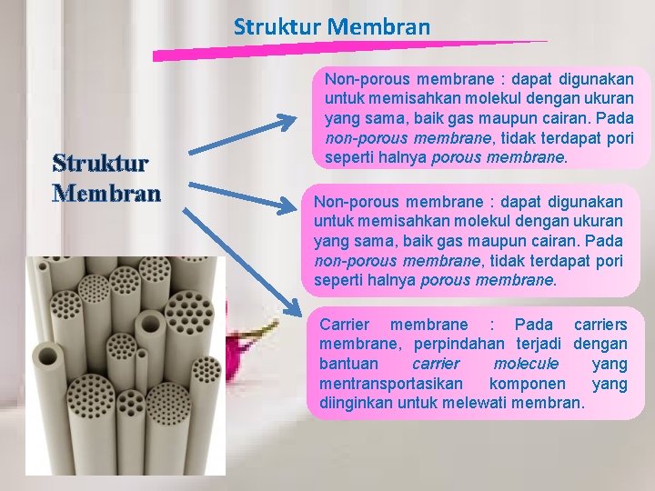 Struktur Membran Non-porous membrane : dapat digunakan untuk memisahkan molekul dengan ukuran yang sama,