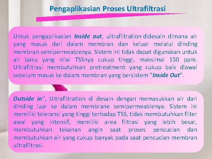 Pengaplikasian Proses Ultrafiltrasi Untuk pengaplikasian Inside out, ultrafiltration didesain dimana air yang masuk dari