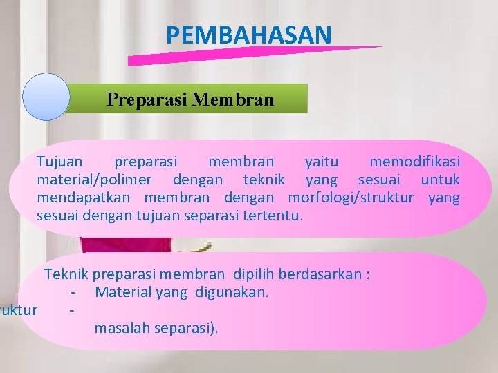 PEMBAHASAN Preparasi Membran Tujuan preparasi membran yaitu memodifikasi material/polimer dengan teknik yang sesuai untuk