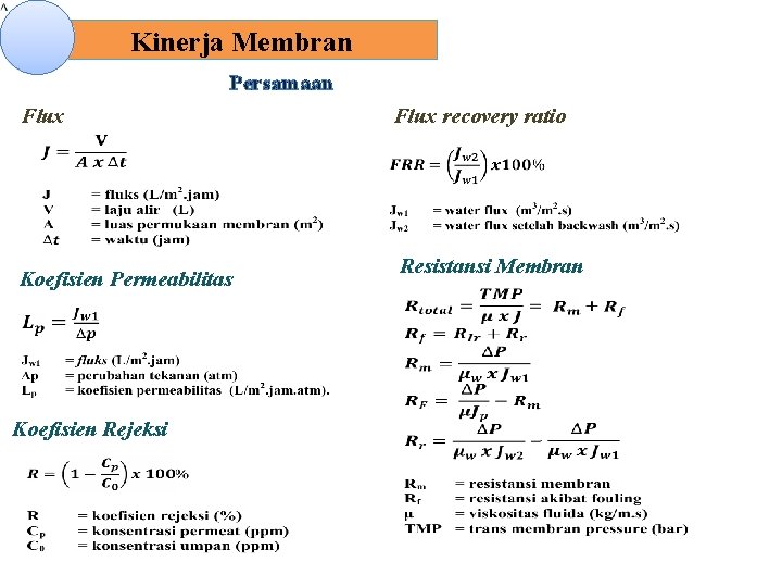 Kinerja Membran Persamaan Flux Koefisien Permeabilitas Koefisien Rejeksi Flux recovery ratio Resistansi Membran 